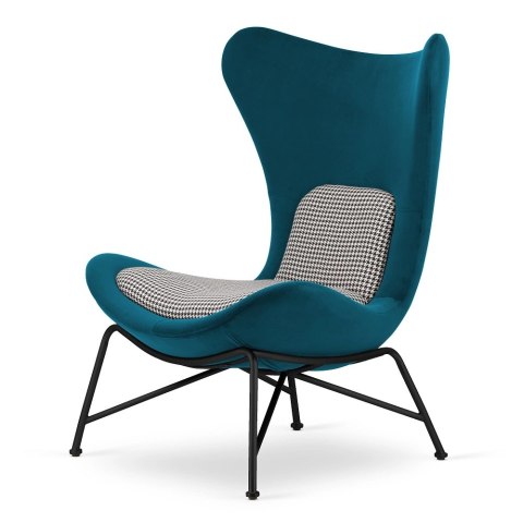 Fotel Varde velvet morski SWAN-17 / pepitka - nowoczesny fotel uszak industrialny, czarna podstawa