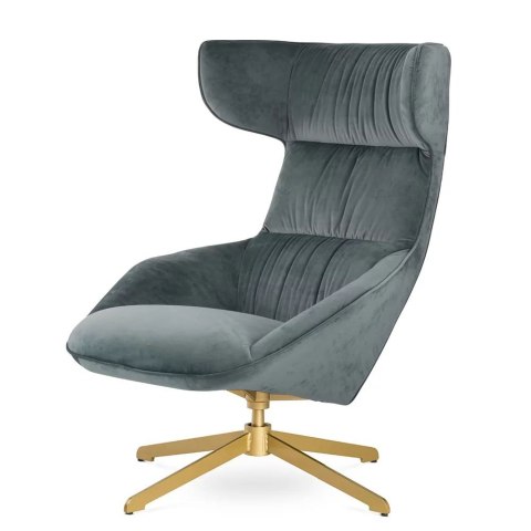 Designerski fotel Atero velvet szary - obrotowy uszak glamour ze złotą podstawą