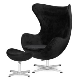 Fotel Treviso Egg Premium - aksamitny, obrotowy fotel z podnóżkiem, czarny
