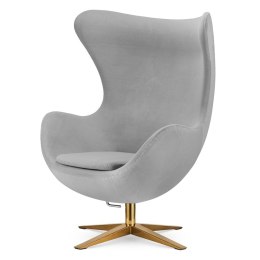 Elegancki fotel Jajo Egg Treviso do salonu - jasnoszary velvet, fotel wypoczynkowy obrotowy, złota szeroka podstawa
