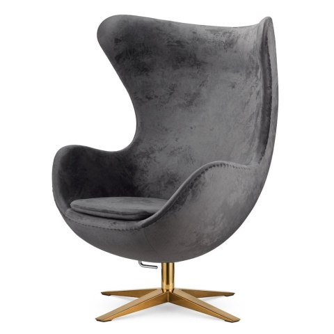 Designerski fotel Egg Velvet Treviso - szary, obrotowy, z bujaniem i złotą podstawą
