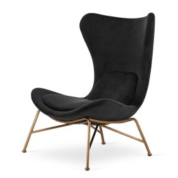 Modny fotel uszak Varde czarny velvet, złota podstawa, designerski fotel wypoczynkowy