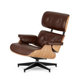 Fotel Lucera XL z podnóżkiem w stylu Lounge Chair Brązowa Skóra Ekologiczna Jasny dąb Czarna z chromowanymi grzbietami