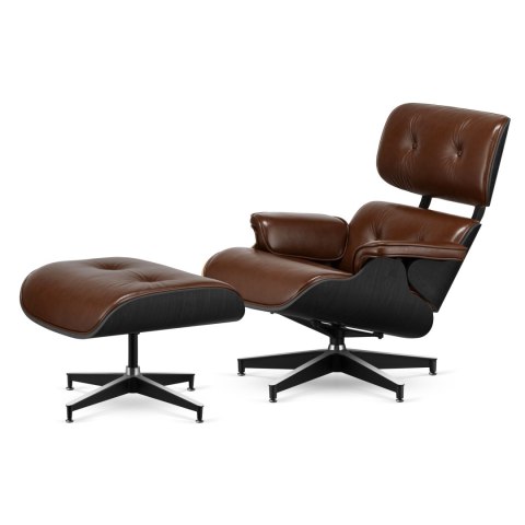 Stylowy fotel Lucera XL NEW z podnóżkiem, brązowa skóra ekologiczna, Czarny Dąb, czarna podstawa z chromowanymi grzbietami - des