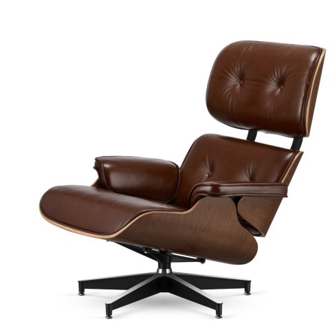 Stylowy fotel salonowy Lucera XL NEW, brązowa skóra ekologiczna, ciemny orzech, czarna podstawa z chromowanymi grzbietami do sal