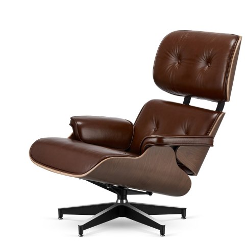 Fotel Lucera XL w stylu Lounge Chair Brązowa Skóra Ekologicza Jasny orzech Czarna z chromowanymi grzbietami