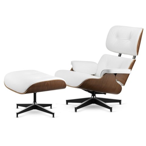 Stylowy fotel lounge Lucera XL NEW z podnóżkiem, biała skóra ekologiczna, Ciemny Orzech, czarna podstawa z chromowanymi grzbieta