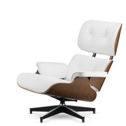 Stylowy fotel salonowy Lucera XL NEW, biała skóra ekologiczna, ciemny orzech, czarna podstawa z chromowanymi grzbietami do salon