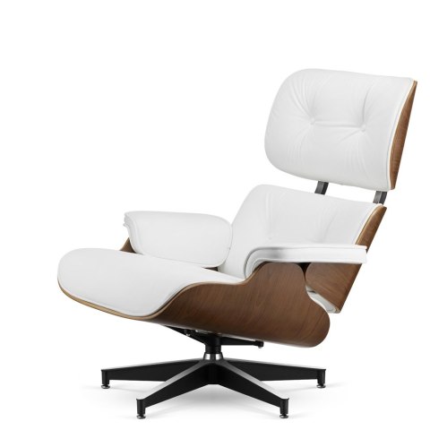 Stylowy fotel salonowy Lucera XL NEW, biała skóra ekologiczna, ciemny orzech, czarna podstawa z chromowanymi grzbietami do salon