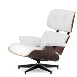 Stylowy fotel salonowy Lucera XL, biała skóra ekologiczna, fornir Ebony, czarna podstawa z chromowanymi grzbietami do salonu pre