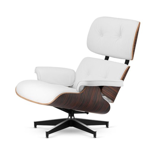 Stylowy fotel salonowy Lucera XL, biała skóra ekologiczna, fornir Ebony, czarna podstawa z chromowanymi grzbietami do salonu pre