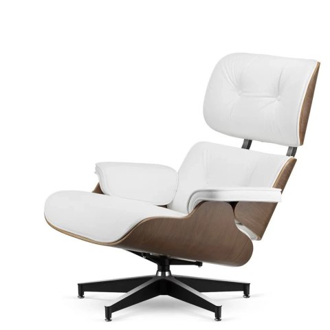 Stylowy fotel salonowy Lucera XL NEW, biała skóra ekologiczna, jasny orzech, czarna podstawa z chromowanymi grzbietami do salonu