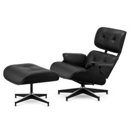 Fotel Lucera XL z podnóżkiem w stylu Lounge Chair Czarna Skóra Ekologiczna Czarny dąb Czarna z chromowanymi grzbietami