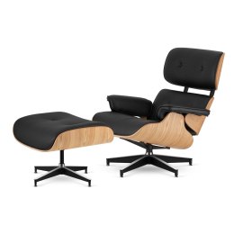 Fotel Lucera XL z podnóżkiem w stylu Lounge Chair Czarna Skóra Ekologiczna Jasny dąb Czarna z chromowanymi grzbietami