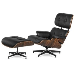 Fotel salonowy Lucera XL NEW z podnóżkiem, czarna skóra ekologiczna, Ebony, czarna podstawa z chromowanymi grzbietami Lounge Cha