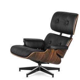 Fotel biurowy Lucera XL NEW Lounge Chair, czarna skóra ekologiczna, fornir Ebony, czarna podstawa z chromowanymi grzbietami