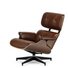 Fotel Lucera NEW Lounge Chair, brązowa skóra ekologiczna, fornir jasny orzech, czarna podstawa z chromowanymi grzbietami