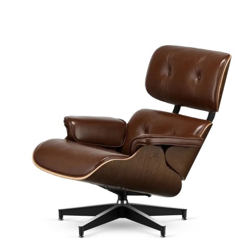 Fotel Lucera NEW Lounge Chair, brązowa skóra ekologiczna, fornir ciemny orzech, czarna podstawa z chromowanymi grzbietami