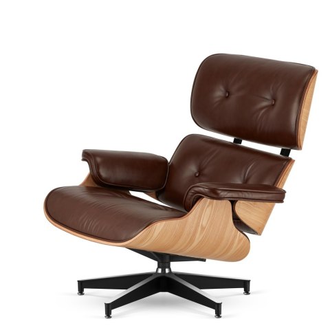 Fotel Lucera NEW Lounge Chair, brązowa skóra ekologiczna, fornir jasny dąb, czarna podstawa z chromowanymi grzbietami