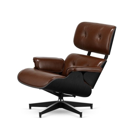 Fotel Lucera NEW Lounge Chair, brązowa skóra ekologiczna, fornir czarny dąb, czarna podstawa z chromowanymi grzbietami