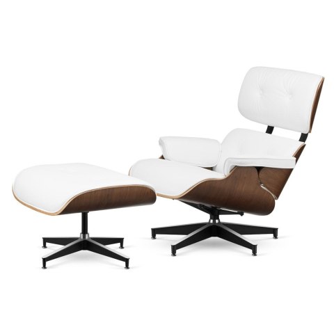 Fotel Lucera z podnóżkiem w stylu HM Lounge Chair Biała Skóra Ekologiczna Ciemny orzech Czarna z chromowanymi grzbietami
