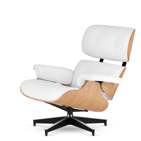 Fotel Lucera z podnóżkiem w stylu HM Lounge Chair Biała Skóra Ekologiczna Jasny dąb Czarna z chromowanymi grzbietami