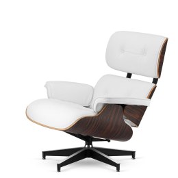 Fotel Lucera w stylu Lounge Chair Biała Skóra ekologiczna Ebony Czarna z chromowanymi grzbietami