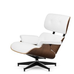 Fotel Lucera w stylu Lounge Chair Biała Skóra ekologiczna Ciemny orzech Czarna z chromowanymi grzbietami