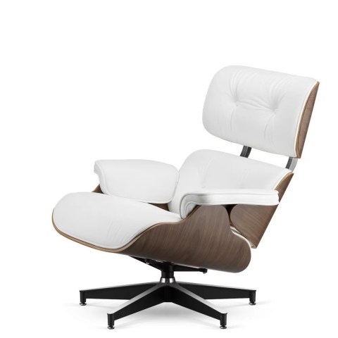 Fotel Lucera NEW Lounge Chair, skóra ekologiczna biała, fornir jasny orzech, czarna podstawa z chromowanymi grzbietami