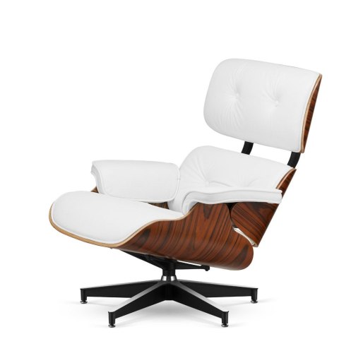 Fotel Lucera NEW w stylu Lounge Chair, skóra ekologiczna biała, fornir brazylijski palisander, czarna podstawa z chromowanymi gr