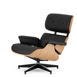 Fotel Lucera NEW inspirowany Lounge Chair, skóra ekologiczna czarna, fornir jasny dąb, czarna podstawa z chromowanymi grzbietami