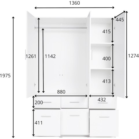 Szafa z szufladami 136cm PARMA 04 biały alpejski / biały połysk