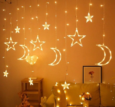 KURTYNA ŚWIETLNA LED KSIĘŻYCE Lampki Świąteczne Choinkowe Girlanda 136 LED Barwa 3000K
