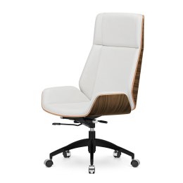 Fotel do biura Timo High biała skóra ekologiczna, fornir jasny palisander czarna podstawa jezdna na kółkach, elegancki design