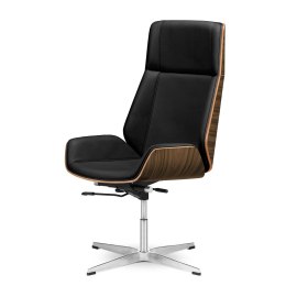 Fotel biurowy Timo High design - czarna skóra ekologiczna, fornir jasny palisander, chromowana stała podstawa, styl skandynawski