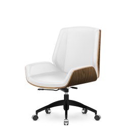 Luksusowy fotel do biura Timo Low biała skóra naturalna, jasny palisander, czarna mobilna podstawa jezdna - elegancki i ergonomi