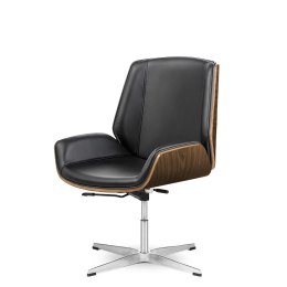 Designerski fotel biurowy Timo Low nowoczesny styl premium, czarna skóra ekologiczna, fornir jasny palisander, chromowana stała 
