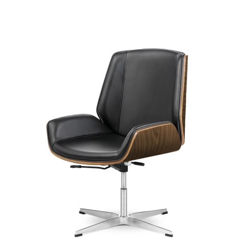 Designerski fotel biurowy Timo Low inspirowany lounge - czarna skóra naturalna, jasny palisander, chromowana stała podstawa