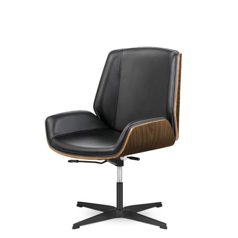 Designerski fotel biurowy Timo Low czarna skóra naturalna, jasny palisander, czarna stała podstawa - nowoczesny model do pracy i