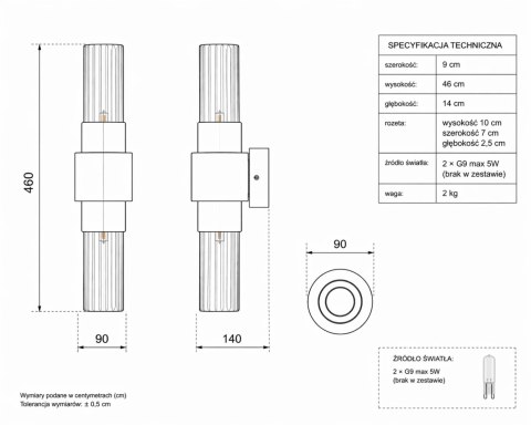 Lampa ścienna GLOW 46 cm - kinkiet złoty, szkło ryflowane