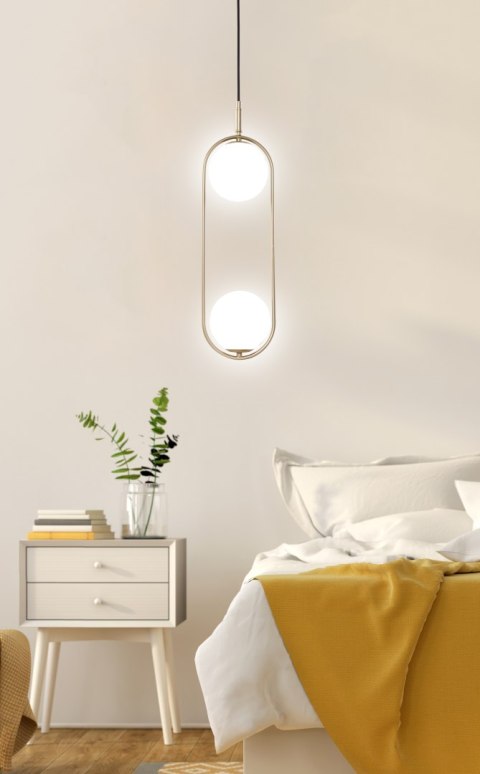 Lampa wisząca CORDEL elegancka - złoty mosiądz z białymi kloszami kulkami - nowoczesne oświetlenie salonu 2x G9 LED