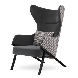 Designerski fotel Classy szary - luksusowy uszak glamour do salonu i sypialni, pepitka, czarna podstawa, wygodny fotel wypoczynk