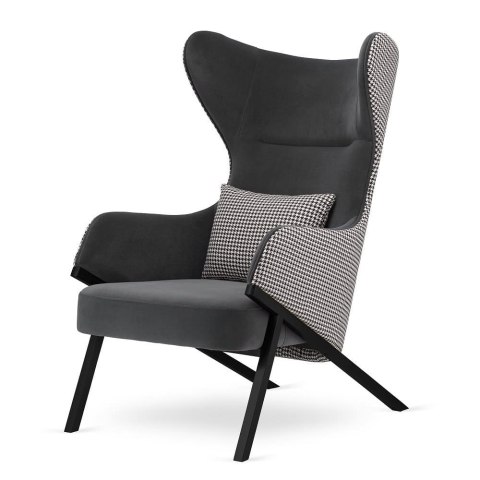 Designerski fotel Classy szary - luksusowy uszak glamour do salonu i sypialni, pepitka, czarna podstawa, wygodny fotel wypoczynk
