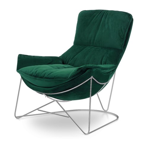 Fotel lounge Berco XZ srebrna podstawa, zielony velvet SWAN-16 - elegancki fotel relaksacyjny do stylowych aranżacji