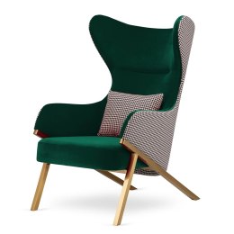 Designerski fotel Classy butelkowa zieleń - fotel glamour, wygodny i elegancki, pepitka, złota podstawa