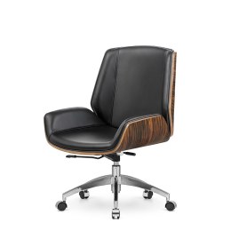 Designerski fotel biurowy Timo Low - czarna skóra ekologiczna, fornir Ebony, chromowana podstawa na kółkach