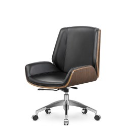 Designerski fotel biurowy Timo Low czarna skóra ekologiczna, fornir jasny orzech, chromowana podstawa ergonomiczny na kółkah