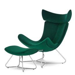 Designerski fotel do salonu Larvik z podnóżkiem, butelkowy velvet SWAN-16, srebrny stelaż industrialny