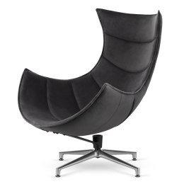Designerski fotel lounge Nasto ciemnoszary velvet - obrotowy fotel premium na srebrnej podstawie