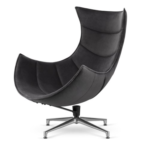Designerski fotel lounge Nasto ciemnoszary velvet - obrotowy fotel premium na srebrnej podstawie